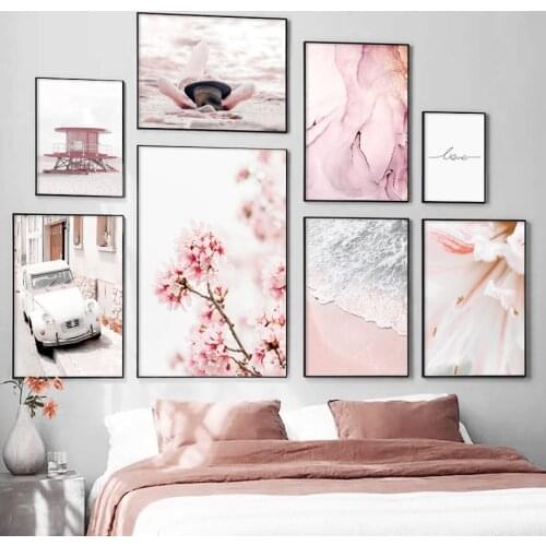 Pink Sakura Sea Beach Girl Car Landscape Wall Art Canvas Painting Nordic Posters And Prints Wall Pictures For Living Room Decor