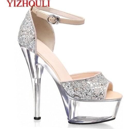 15 cm high heels, high heels, high heeled platform sandals, fine silver shiny vamps, dancing shoes