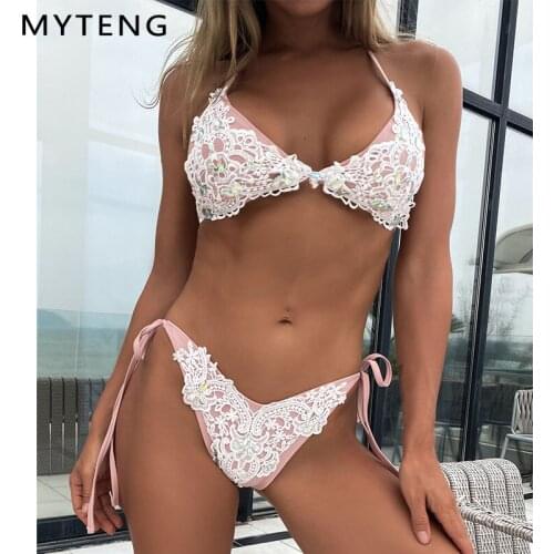 Sexy Lace Two Piece Set Bikini New Diamond Bathing Suit Swimwear Women Summer Push Up Beachwear String Bandage Swimsuit Biqiuni