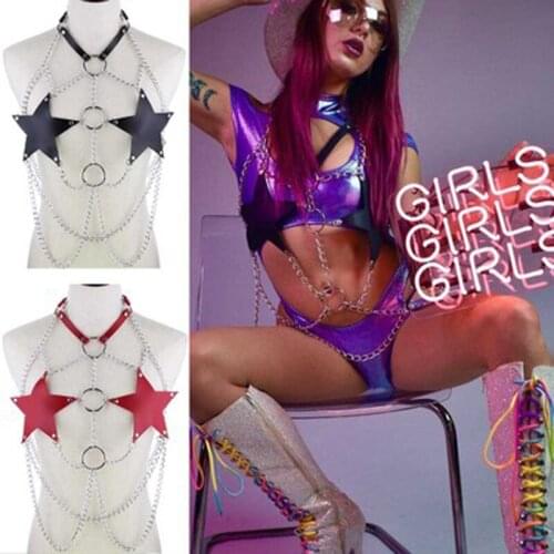16 Color Women Sexy Five-Pointed Star Bra Metal Chain Bondage Halter Tank Top Hollow Out Body Belt Punk Nightclub Dance Clubwear