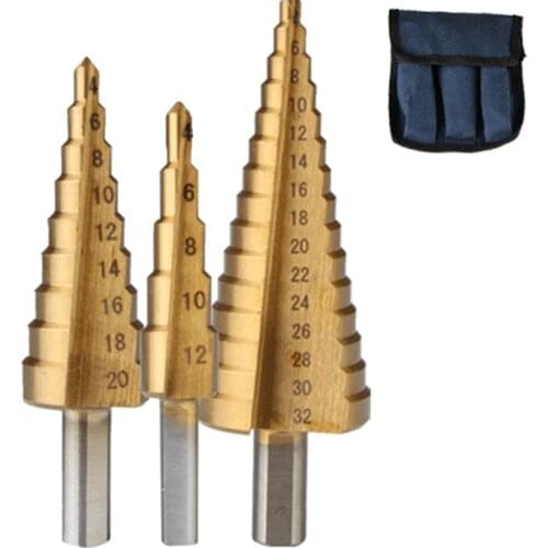 3Pcs Metric Spiral Flute The Pagoda Shape Hole Cutter 4-12/20/32mm HSS Steel Cone Drill Bit Set HSS Steel Step Sharpening