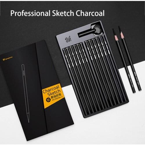 TENWIN 12pcs Sketch Charcoal Pen Black Soft/Hard Non-toxic Professional Manga Pastel Sketch Pen Office School Art supplies