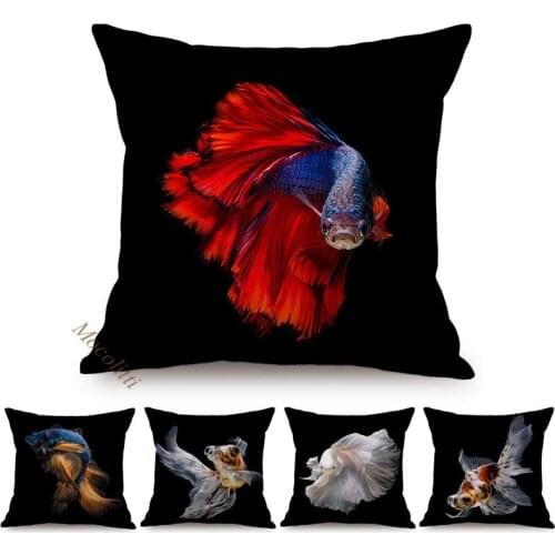 Black Goldfish Style Sofa Decoration Throw Pillow Case Colorful Fighting Fish Pattern Linen Print Square Cushion Cover Almofadas