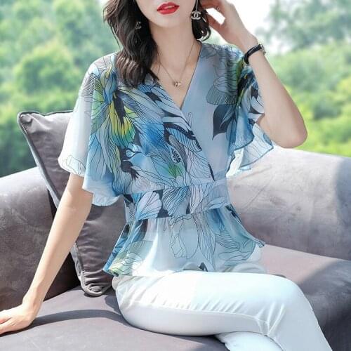 Floral Chiffon Blue Women Blouse Summer New 2021 V-Neck Flare Sleeved Ruffles Slim Elegant Office Lady Pulls Tops