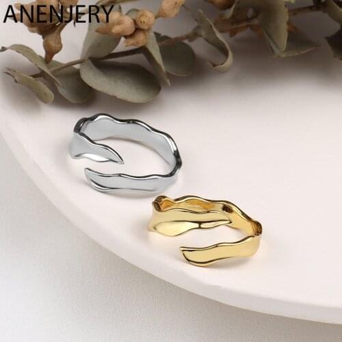 ANENJERY 925 Sterling Silver Wave Shaped Women Men Rings Elegance Simplicity Open Couple Ring S-R870