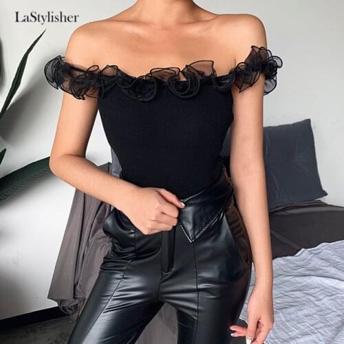 LaStylisher Female Casual Crop Camisole Summer Women Sexy Lace Tank Tops Vest Patchwork Slash Neck Black Vest Top Solid Slim