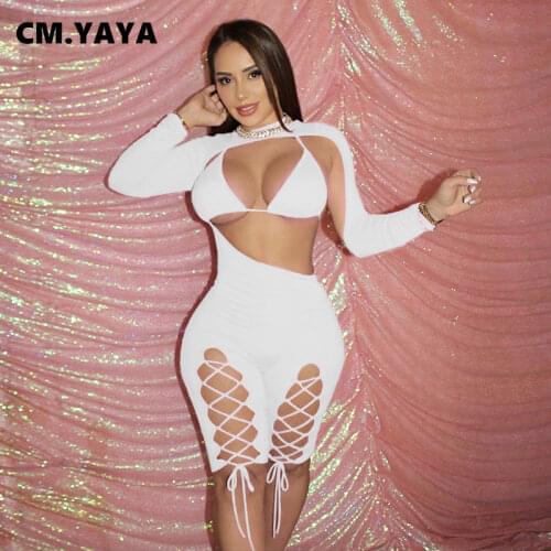 CM.YAYA Women Sexy Cut Out Lace Up Open Playsuit Bodycon Rompers Knee Length Jumpsuit One Piece Overall with Bra Fitness Outfit