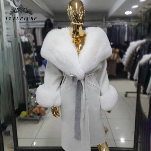 Women Winter 95cm Long Hooded Woolen Coat Big Fox Fur Collar Warm Cashmere Belt Outwear Fashionable Fox Fur Cuffs Outer Garment