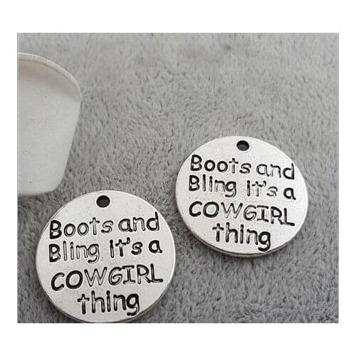 High Quality 20 Pieces/Lot Diameter 22mm Letter Printed Boots And Bling Its A Cowgirl Thing Round Disc Girl Charm Pendant