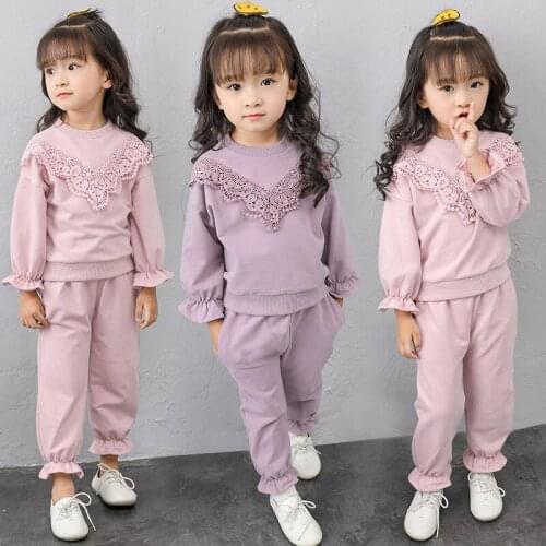 2020 Spring Fall Girls Lace Embroidered Spliced Clothing Set Baby Kids Long Sleeve Twinset Childrens Cute Princess Clothes X189