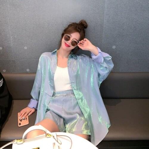 2021 Womens Home Clothes Summer Pajamas Suits With Shorts Reflective Korean Long Sleeve Sleepwear Set Loungewear Pijama 2 Piece