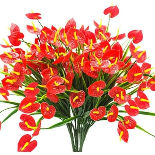 4 Bunches Artificial Fake Flowers Faux Anthurium Plants Plastic Shrubs Bushes Greenery Indoor Outside Hanging Planter Home Decor
