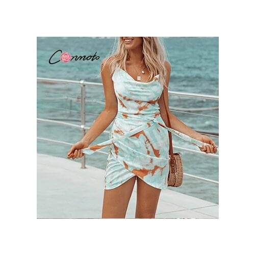 Conmoto Sexy spaghetti strap tie-dye backless dress Swing collar lace up short dress summer Fashion sleeveless women dress 2021