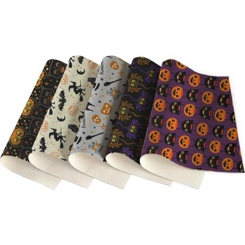 Halloween Owl Pumpkin Head Spider Pattern Printed Artificial Leather Lychee Pattern DIY Sewing Material 22x30 cm