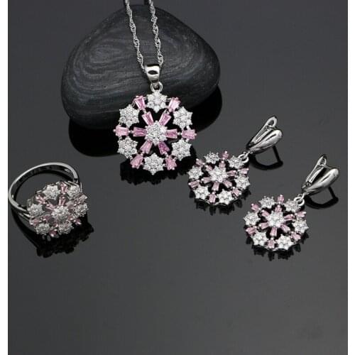 Rock Pink Cubic Zirconia White Crystal 925 Sliver Jewelry Sets For Women Wedding Earrings/Ring/ Bridal Necklace Set