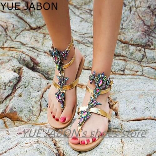 Leather Womens summer diamond thong sandals beach shining crystal flip flops shoes Casual boho T-strap Slippers femmes sandale