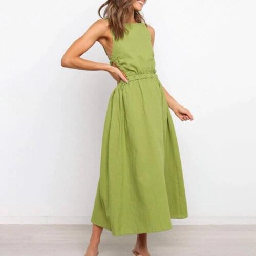 Fashion Sexy Women Summer Solid Color A-Line Dress Hollow Out Design O-Neck Sleeveless Backless Mid Waist Slim Pullovers Dress