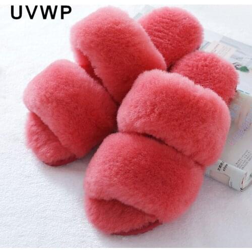 Fashion Natural Sheepskin Home Slippers Women Winter Indoor Slippers Fur Slippers Warm Wool Slipper Lady Soft Home Shoes Flats