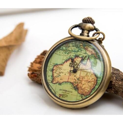 New Fashion quartz bronze world map pocket watches
