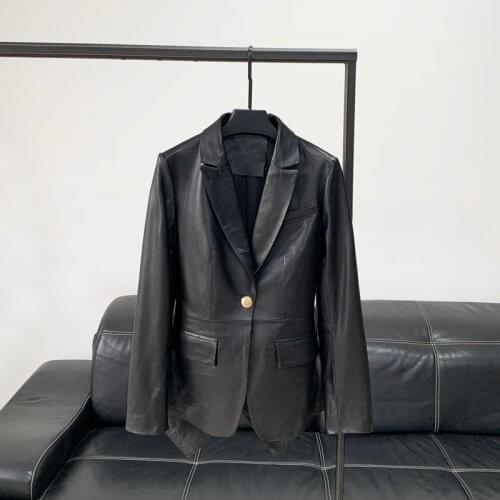 2020 Autumn New Leather Garment for Women Sheep Leather Slimming Body Slimming Back Hollowed-out Forked Suit Jacket Fashion