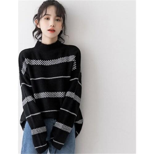 Autumn winter Womens Knit Sweater new half turtleneck sweater women loose thick striped knitted bottom pullover female sweaters