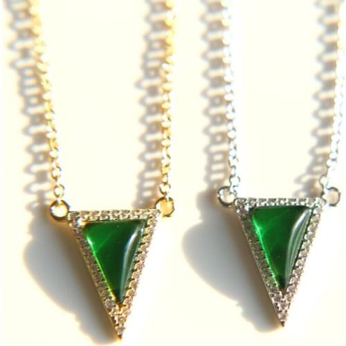 Authentic 925 Sterling Silver sparking cz and big green triangle stones evil eye women silver necklaces
