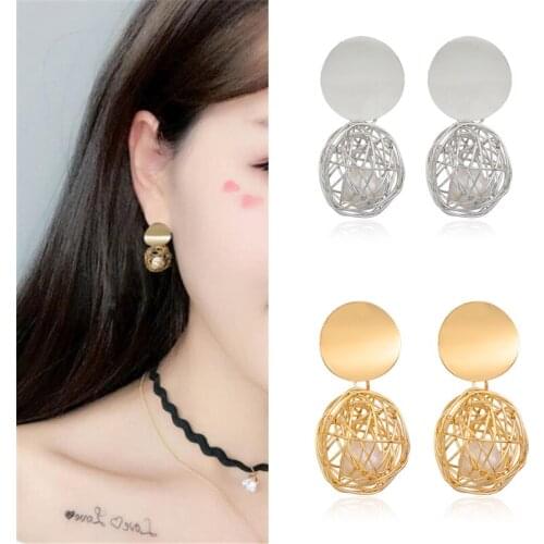 Luxury Hollow Woven Silk Ball Pearl Earrings Temperament Exquisite Irregular Round Simple Earring Female Hipster Fashion Jewelry