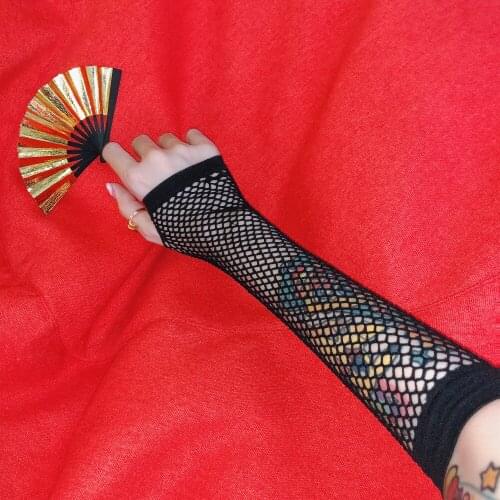 Ruibbit Gothic Harajuku Punk Black Grid hollow Long Glove Elastic Women Half Finger Length Sleeve Cosplay Streetwear