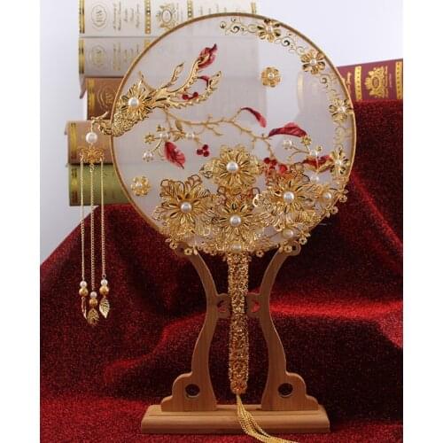 Luxury Chinese Gold Phoenix Bridal Fan Bouquets Classic Handmade Metal Round Hand Fan Business Gift Wedding Accessories LF819