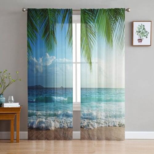 Tropical Beach Surf Sky Coconut Leaf Sheer Curtains for Living Room Kitchen Tulle for Windows Voile Yarn Curtains for Bedroom