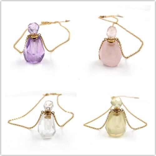 FYJS Unique Light Yellow Gold Color Irregular Shape Perfume Bottle Lapis Lazuli Pendant Rock Crystal Necklace