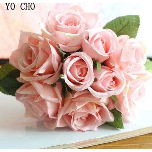 YO CHO 9 Heads Silk Roses Artificial Flowers Faux Rose Flowers Bride Holding Bouquets Wedding Party Decor Fake Flowers Bouquets