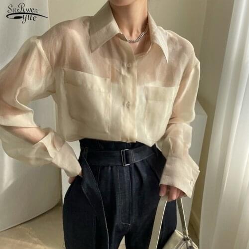 Perspective Women Tops Autumn 2021 Loose Shirt Chic Long Sleeve Women Shirt Korean Fashion OL Style Pockets Thin Blouse 16028