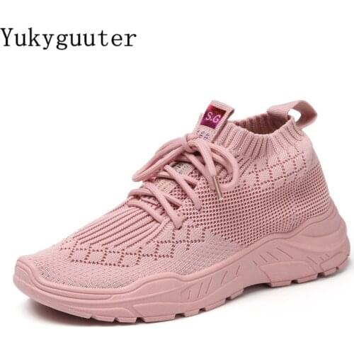 Women Sneakers Running Shoes Outdoor Sports Breathable Mesh Fashion Chunky Boots Knit Upper Female Lace Up Walking Jogging