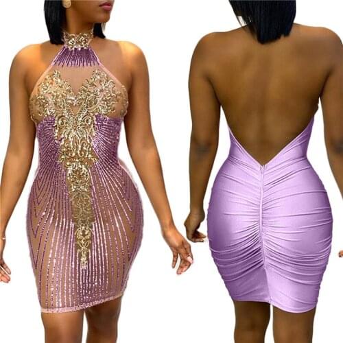 Women’s Sexy Halter Skinny Dress Summer Fashion Sequin Backless High Waist Short Dress