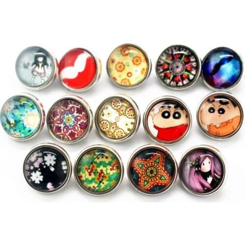 10pcs/lot Random Mixs Cartoon Snap Buttons 12mm Print Glass Cabochon Snap Charms Fit DIY Snap Bracelet Earrings Jewelry