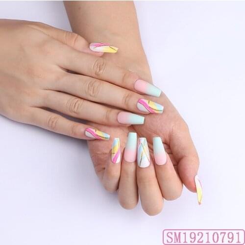 24pcs Colorful Jump Color Fake Nails Glue Type Removable Small Fresh Long Paragraph Fashion Manicure Fully Covered Nail Decor