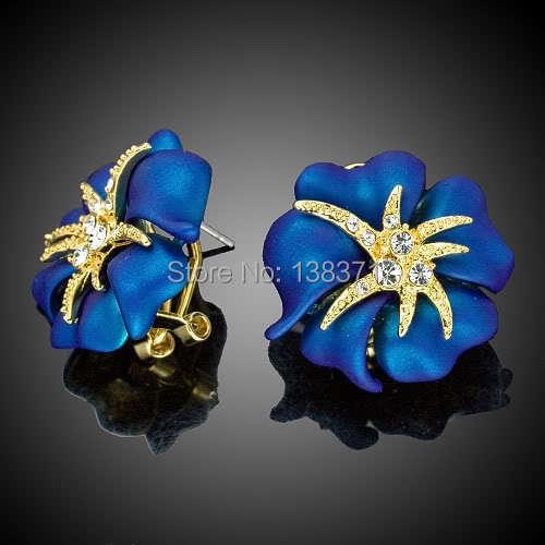 Alisouy New Trendy Starfish Gold Color Blue Red Flower Earring Stud Austrian Crystal