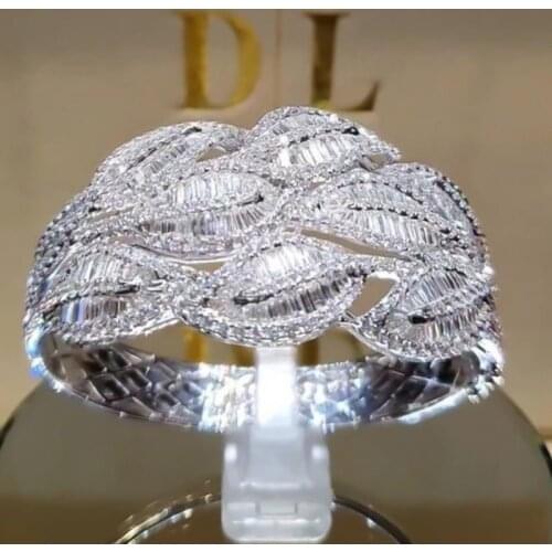 Shine White Leaf Plant Ring Micro Pave Crystal Bridal Engagement Ring Luxury Wedding Band Rings For Charm Women Gifts Wholesale