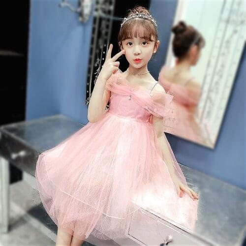 Kids 4-12 years 2020 girls lace chiffon sleeveless slip dress cute Princess Wedding Party Butterfly-knot pink Ball Gown weddings