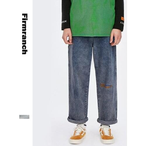 Firmranch Spring/Autumn Amei Khaki Embroidered Straight Casual Bottom Back Pocket Denim Jeans For Men Loose Long Youth Trousers