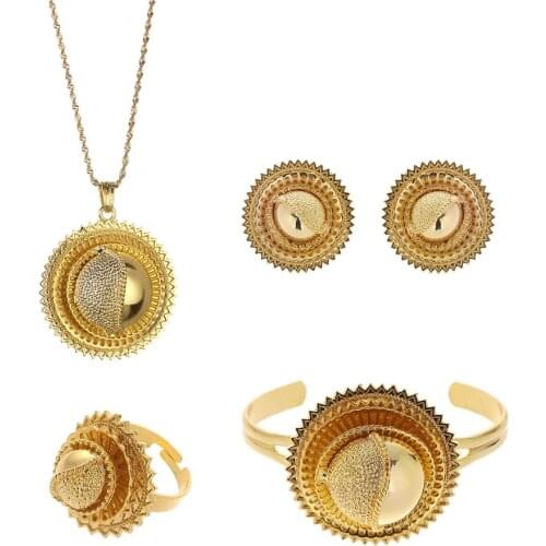 Ethiopian Jewelry Sets Pendant Necklaces Earrings Ring Bangles for Womens Eritrean African Bride Gift