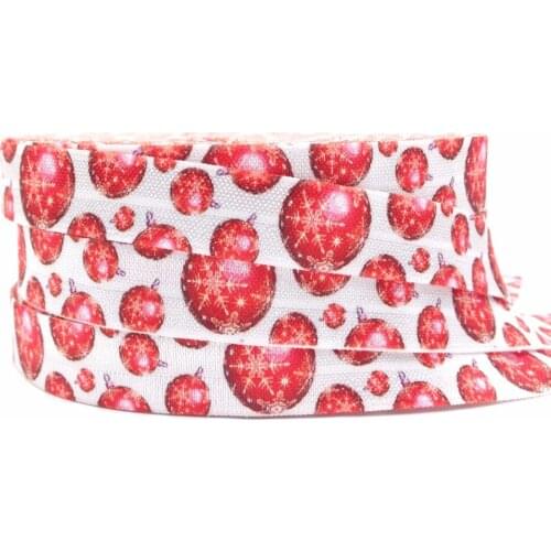 Popular 5/8" Red Ball Snowflakes Print Fold Over Elastic 10 yards/lot Christmas FOE Ribbon Webbing for Girls Elastic Hair Band