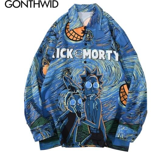 GONTHWID Anime Cartoon Print Long Sleeve Shirts Streetwear Mens Hip Hop Casual Harajuku Holiday Beach Party Blouse Hawaiian Tops
