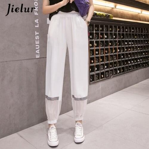 Jielur Chiffon Harem Pants Female Summer Chic Fluorescent Stripe Splicing Womens Pants Black White Ice Silk Thin Bloomers S-XXL