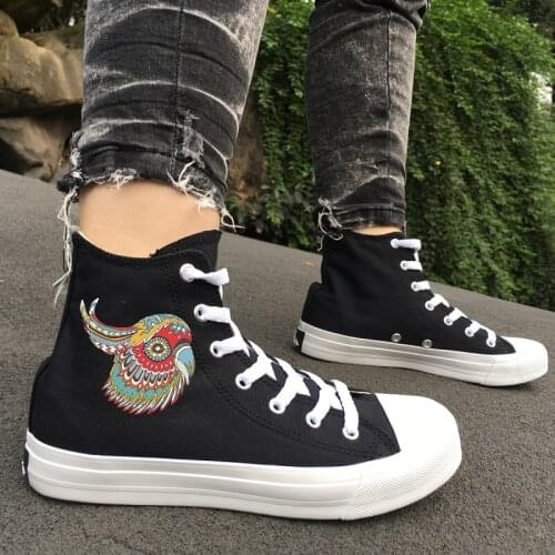 Wen Black Mens Skate Shoes Original Creative Colorful Parrot Image Design High Top Canvas Womens Sports Sneakers Big Size 49