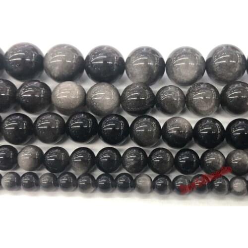 Natural Stone silver color Obsidian Stone Round Beads For Jewelry Making Space Loose Beads 8 10 12mm Diy Bracelet Jewellery 15