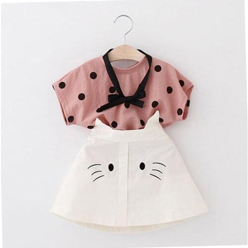 2021 Summer Girls Clothes Set Toddler Girl Sets Kid Clothes Dot Short Sleeve Top+Cute Cartoon Cat Skirt 2PCS Set Girls Dress