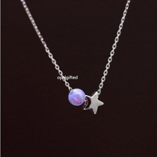 MOQ=1pc Beautiful Synthetic Purple 4mm Opal bead with Silver star Pendants Necklace with high quality in wholesale price