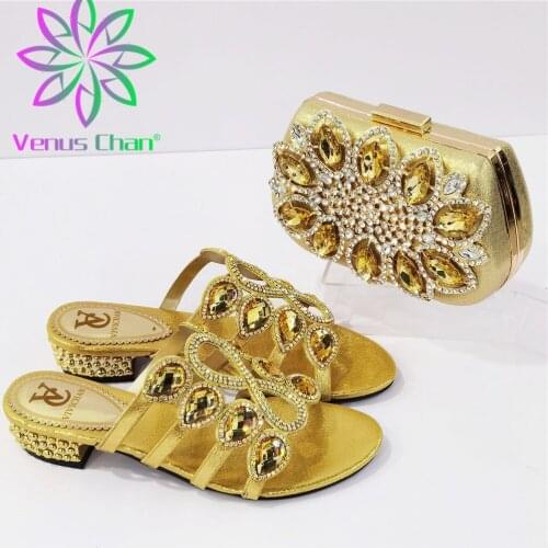Slippers Fashion Fullness of Crystal Women Loafers Italian African Style Golden Color Party Wedding Women Shoes and Bag Set